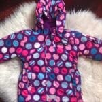 Polovna Lego jakna za zimu ljubicasta sa plavim i roze tufnama, velicine 92.